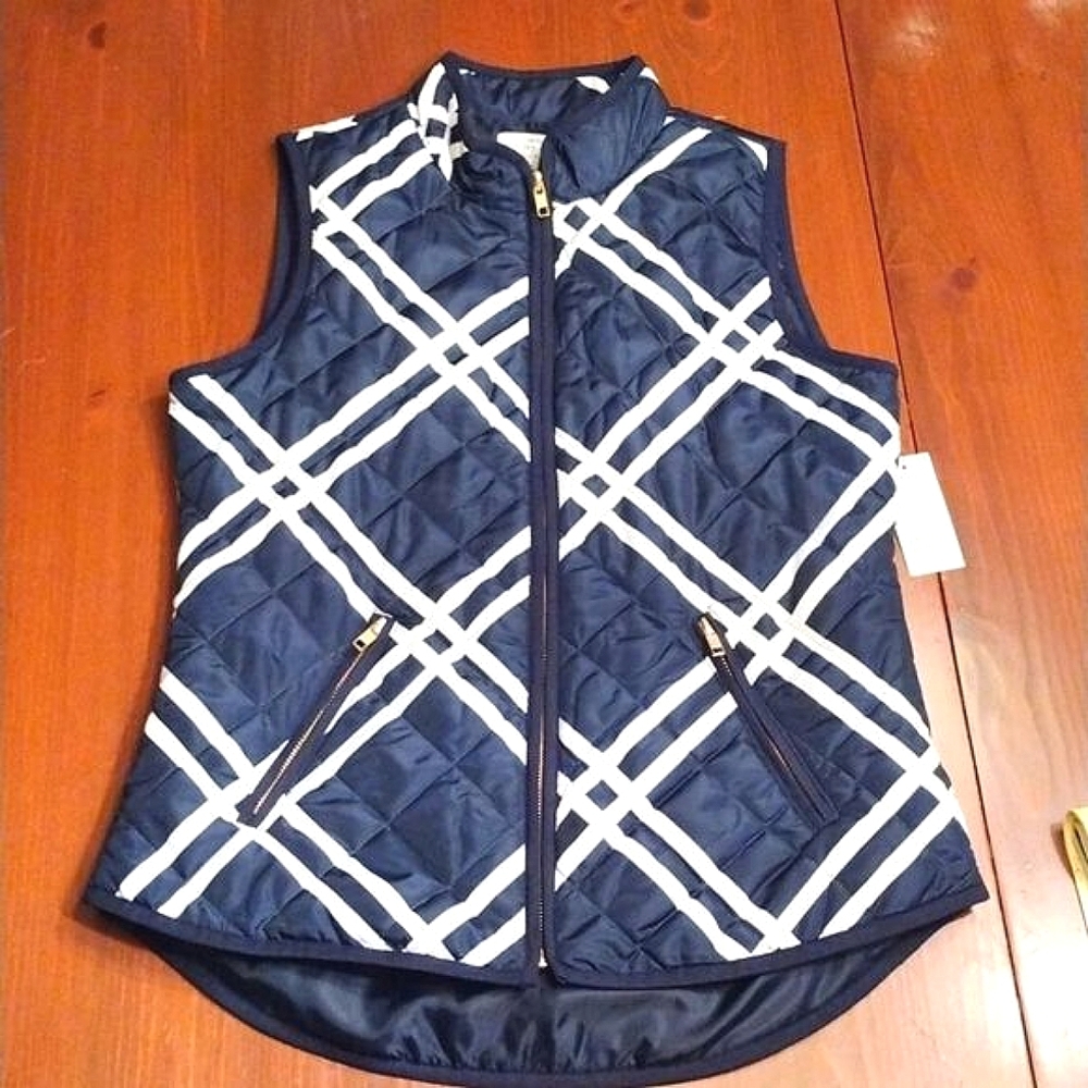 Crown & Ivy Puffer Vest, Navy with White Pattern & Gold Zippers, Size Small, NWT
